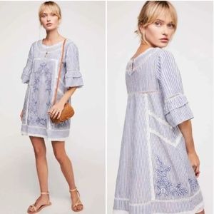 Free People Blue and White Embroidered Mini Dress